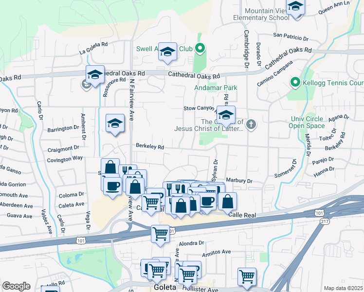 map of restaurants, bars, coffee shops, grocery stores, and more near 416 Wakefield Road in Goleta
