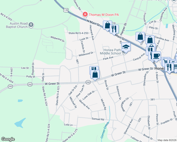 map of restaurants, bars, coffee shops, grocery stores, and more near 104 Graham in Honea Path