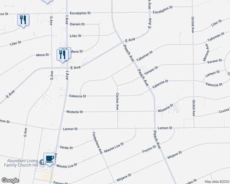 map of restaurants, bars, coffee shops, grocery stores, and more near 18038 Valencia Street in Hesperia