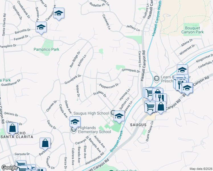 map of restaurants, bars, coffee shops, grocery stores, and more near 21929 Peppercorn Drive in Santa Clarita