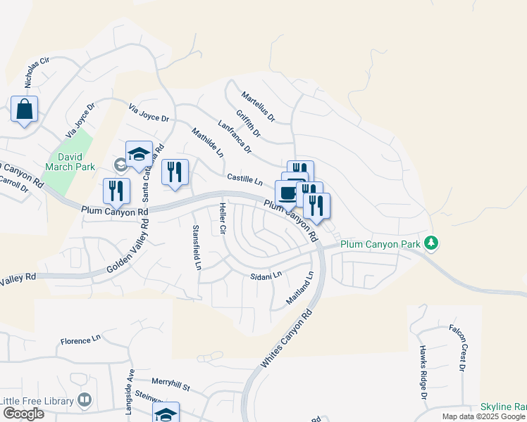 map of restaurants, bars, coffee shops, grocery stores, and more near 19425 Opal Lane in Santa Clarita