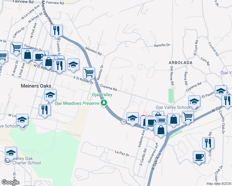 map of restaurants, bars, coffee shops, grocery stores, and more near 1370 Cuyama Road in Ojai