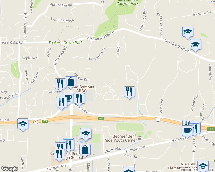 map of restaurants, bars, coffee shops, grocery stores, and more near Granada Way & Gate Way in Santa Barbara