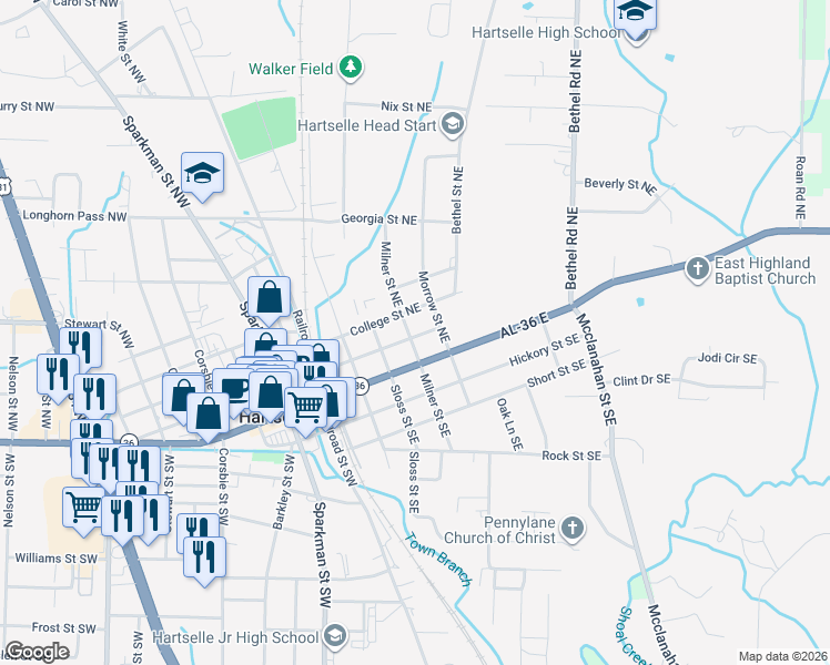 map of restaurants, bars, coffee shops, grocery stores, and more near 200 Milner Street Northeast in Hartselle