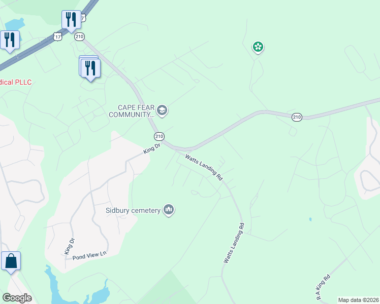map of restaurants, bars, coffee shops, grocery stores, and more near 945 Highway 210 in Hampstead