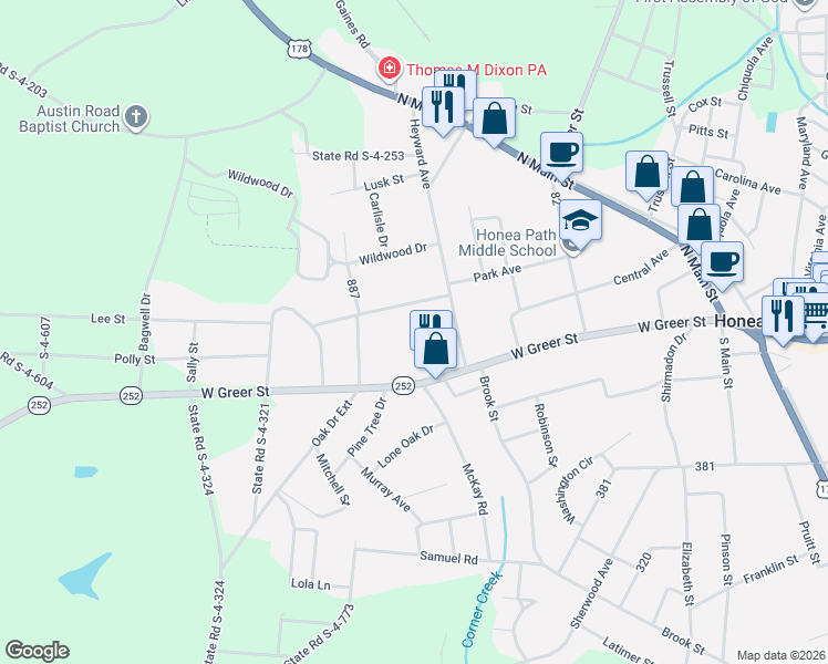 map of restaurants, bars, coffee shops, grocery stores, and more near 104 Graham in Honea Path