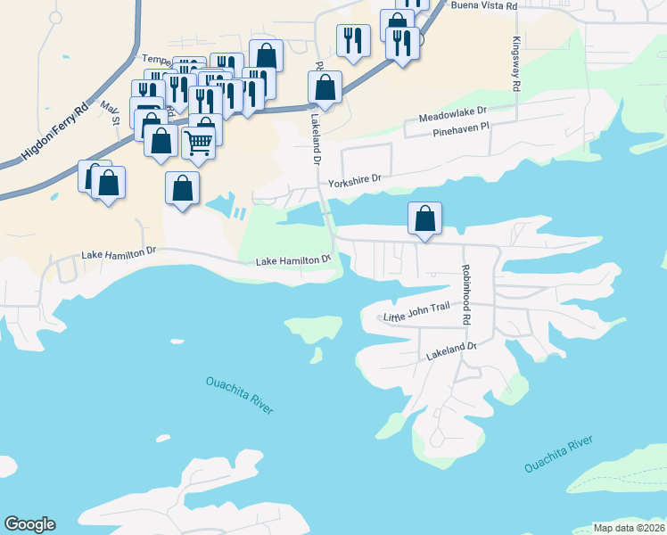 map of restaurants, bars, coffee shops, grocery stores, and more near 534 Lake Hamilton Drive in Garland County