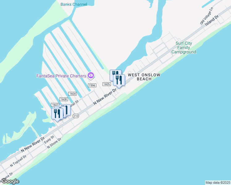 map of restaurants, bars, coffee shops, grocery stores, and more near 108 Sea Star Circle in Surf City