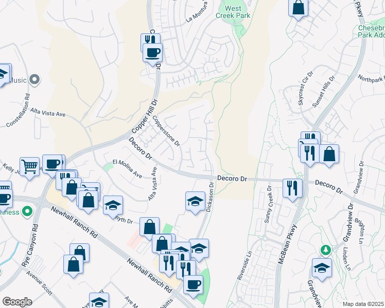 map of restaurants, bars, coffee shops, grocery stores, and more near 27956 Periwinkle Lane in Santa Clarita