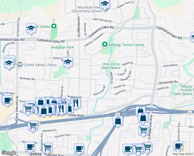 map of restaurants, bars, coffee shops, grocery stores, and more near 5546 Berkeley Road in Goleta