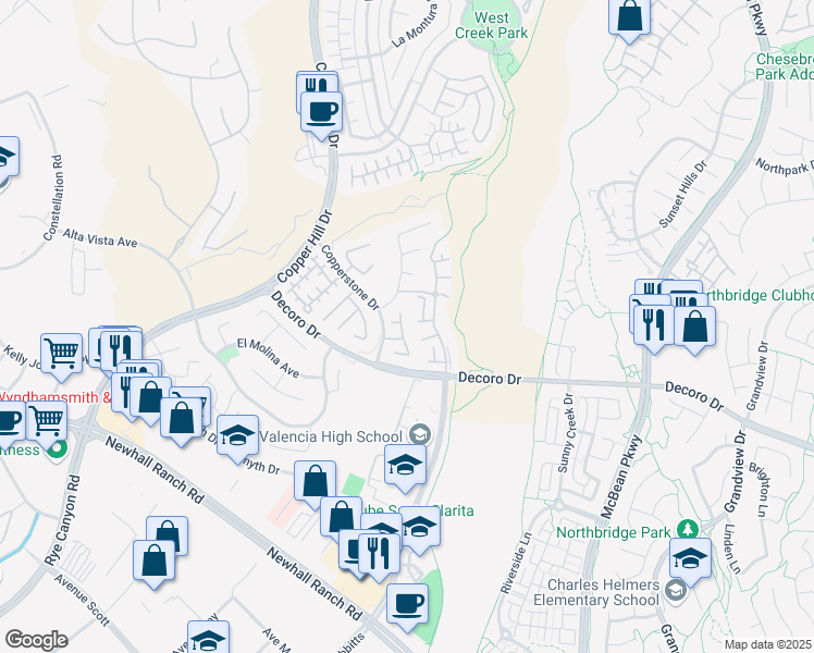 map of restaurants, bars, coffee shops, grocery stores, and more near 27956 Periwinkle Lane in Santa Clarita
