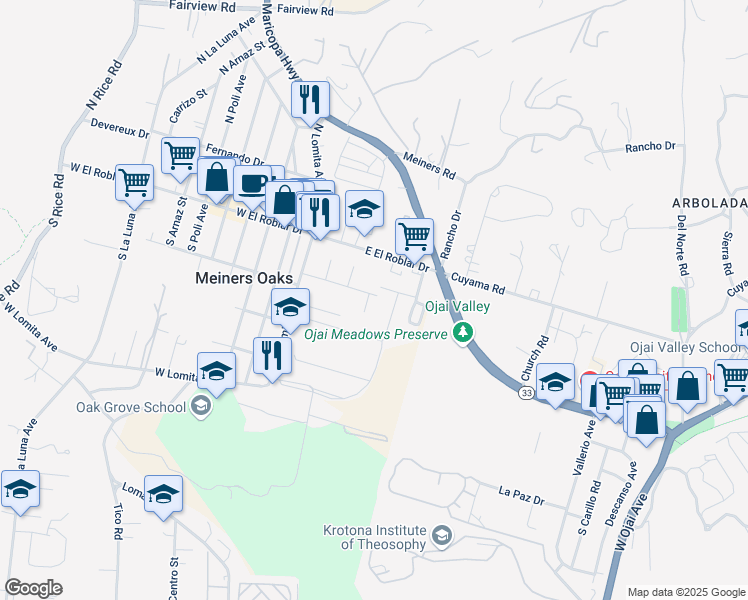 map of restaurants, bars, coffee shops, grocery stores, and more near 138 Christopher Lane in Ojai