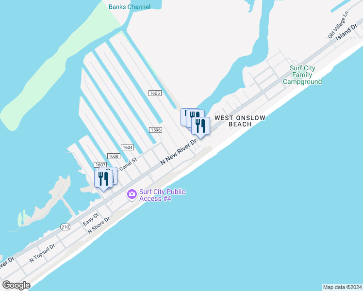map of restaurants, bars, coffee shops, grocery stores, and more near 2017 North New River Drive in Surf City