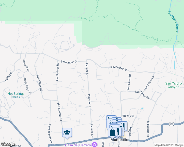 map of restaurants, bars, coffee shops, grocery stores, and more near 848 Picacho Lane in Montecito