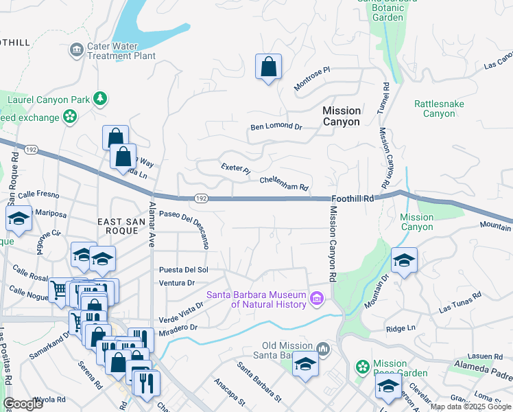 map of restaurants, bars, coffee shops, grocery stores, and more near 2811 Foothill Road in Santa Barbara