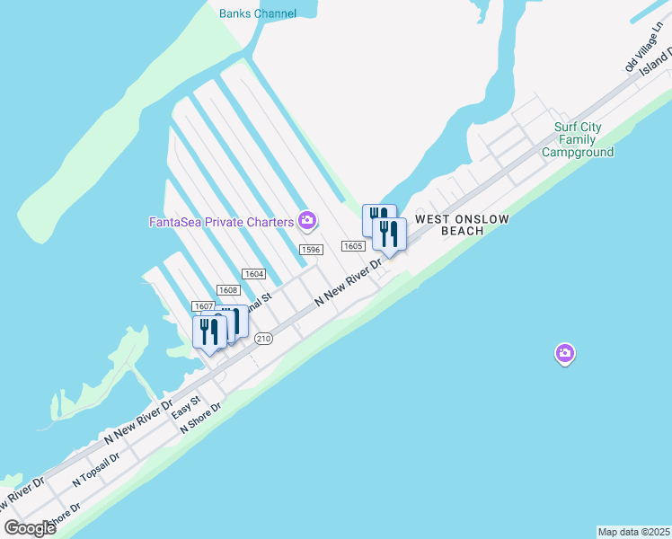 map of restaurants, bars, coffee shops, grocery stores, and more near in Surf City