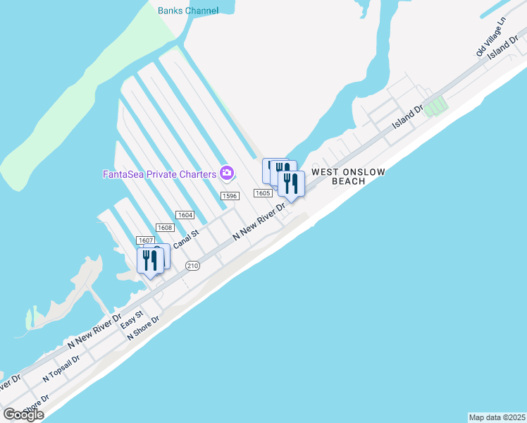 map of restaurants, bars, coffee shops, grocery stores, and more near 2017 North New River Drive in Surf City