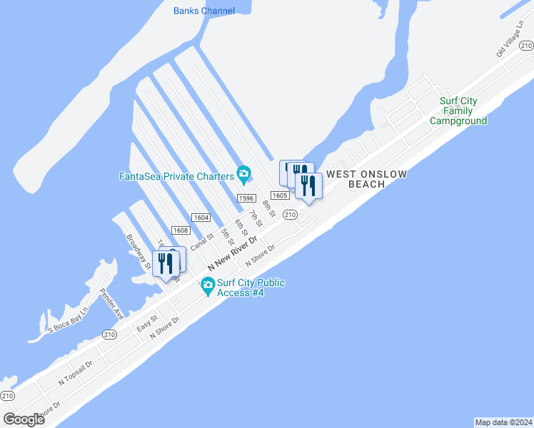 map of restaurants, bars, coffee shops, grocery stores, and more near 8007 8th Street in Surf City