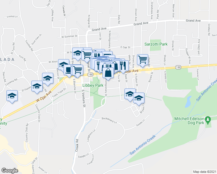 map of restaurants, bars, coffee shops, grocery stores, and more near 242 South Montgomery Street in Ojai