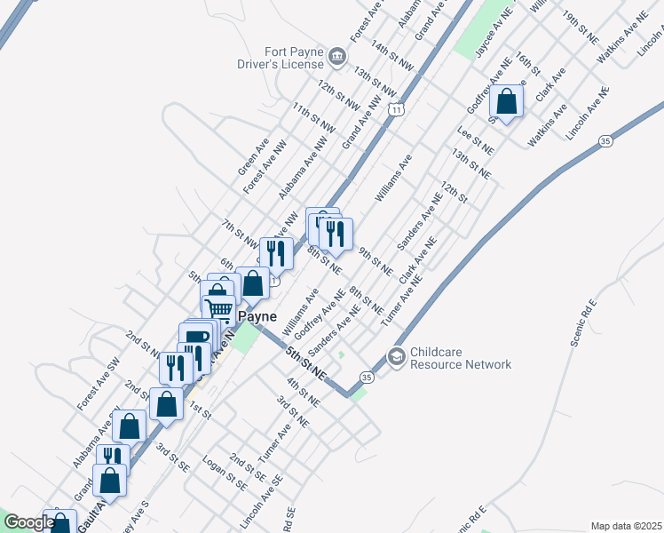 map of restaurants, bars, coffee shops, grocery stores, and more near 204 8th Street Northeast in Fort Payne