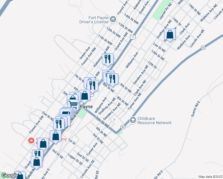 map of restaurants, bars, coffee shops, grocery stores, and more near 203 8th Street Northeast in Fort Payne