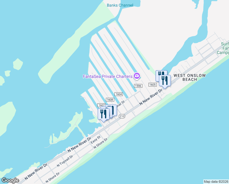 map of restaurants, bars, coffee shops, grocery stores, and more near 3034 3rd Street in Surf City