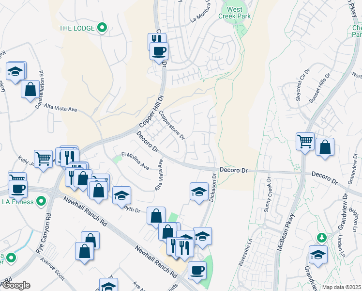 map of restaurants, bars, coffee shops, grocery stores, and more near 27917 Agapanthus Lane in Santa Clarita