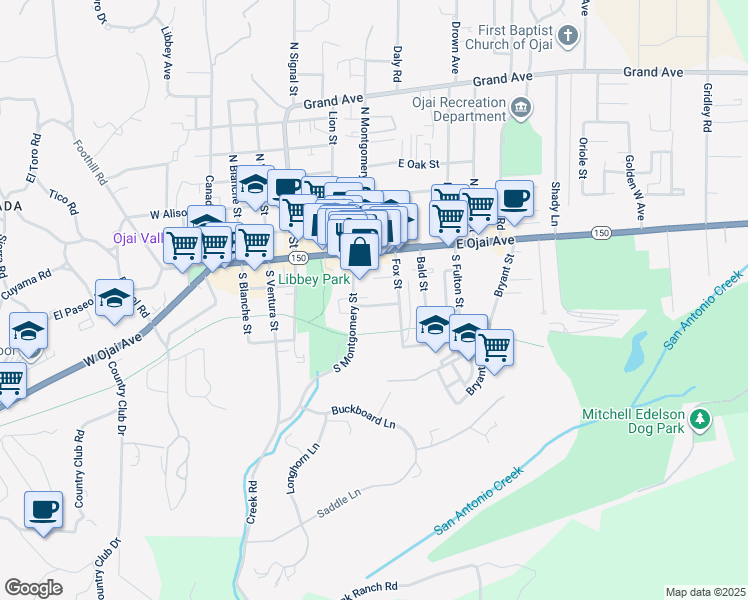map of restaurants, bars, coffee shops, grocery stores, and more near 402 Willow Street in Ojai