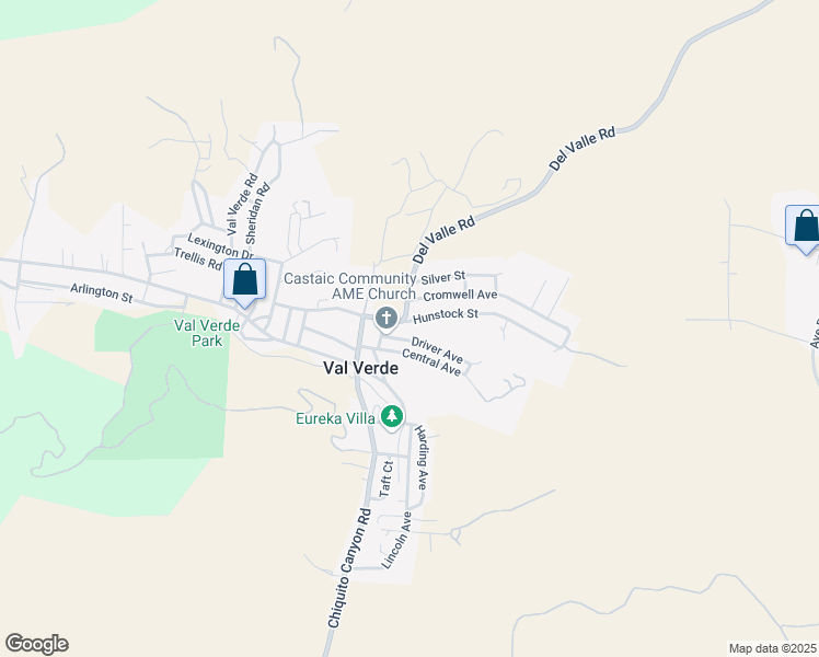 map of restaurants, bars, coffee shops, grocery stores, and more near Hunstock Street in Val Verde