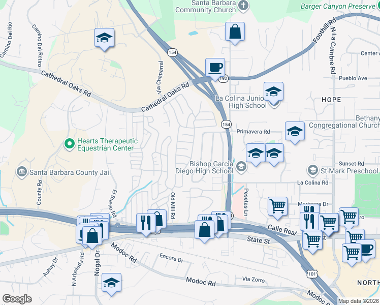 map of restaurants, bars, coffee shops, grocery stores, and more near 340 Old Mill Road in Santa Barbara