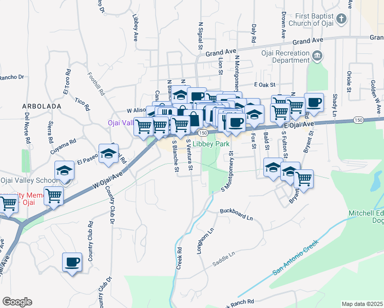 map of restaurants, bars, coffee shops, grocery stores, and more near 214 South Ventura Street in Ojai