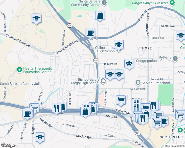 map of restaurants, bars, coffee shops, grocery stores, and more near 415 Verano Drive in Santa Barbara