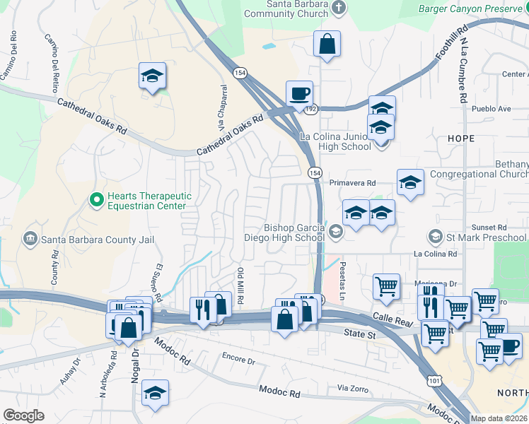 map of restaurants, bars, coffee shops, grocery stores, and more near 340 Old Mill Road in Santa Barbara