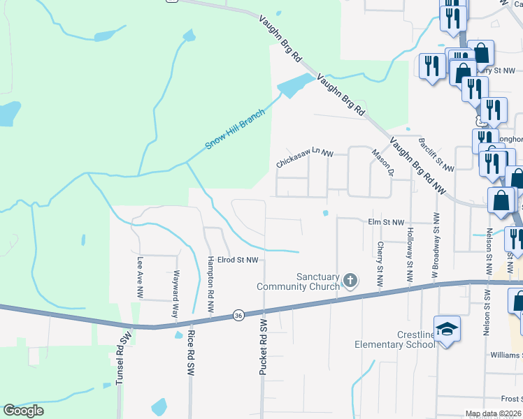 map of restaurants, bars, coffee shops, grocery stores, and more near 501 Shaw Road Northwest in Hartselle