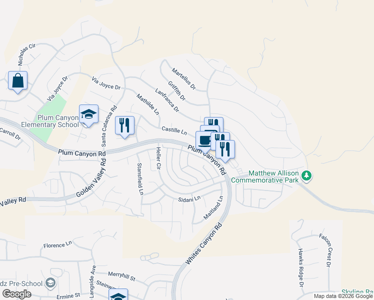 map of restaurants, bars, coffee shops, grocery stores, and more near 19451 Opal Lane in Santa Clarita