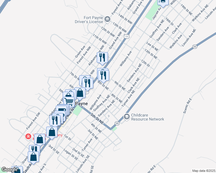 map of restaurants, bars, coffee shops, grocery stores, and more near 203 8th Street Northeast in Fort Payne