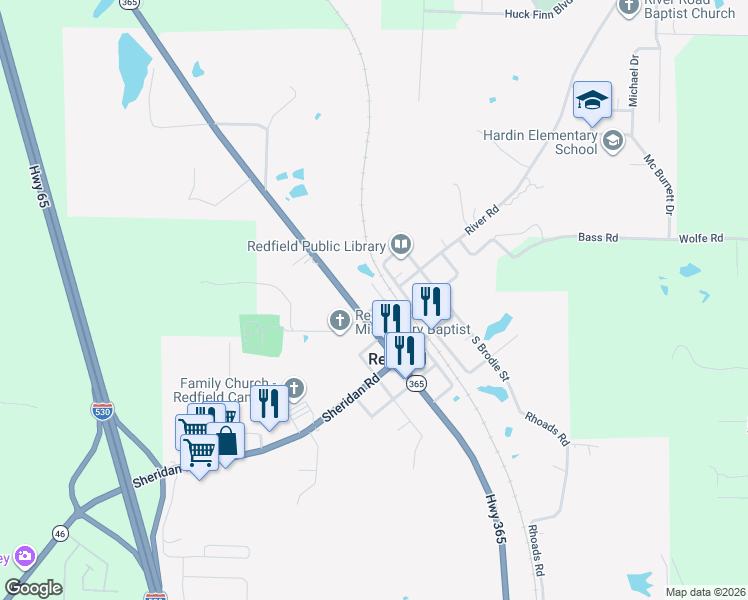 map of restaurants, bars, coffee shops, grocery stores, and more near 206 Northwest Railroad Street in Redfield