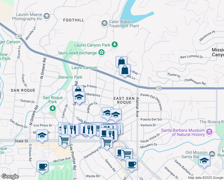 map of restaurants, bars, coffee shops, grocery stores, and more near 3072 Calle Fresno in Santa Barbara