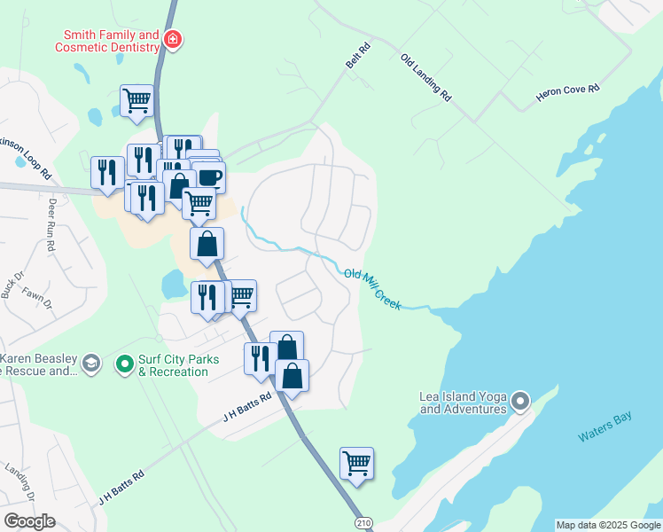 map of restaurants, bars, coffee shops, grocery stores, and more near 338 Edgewater Way in Surf City