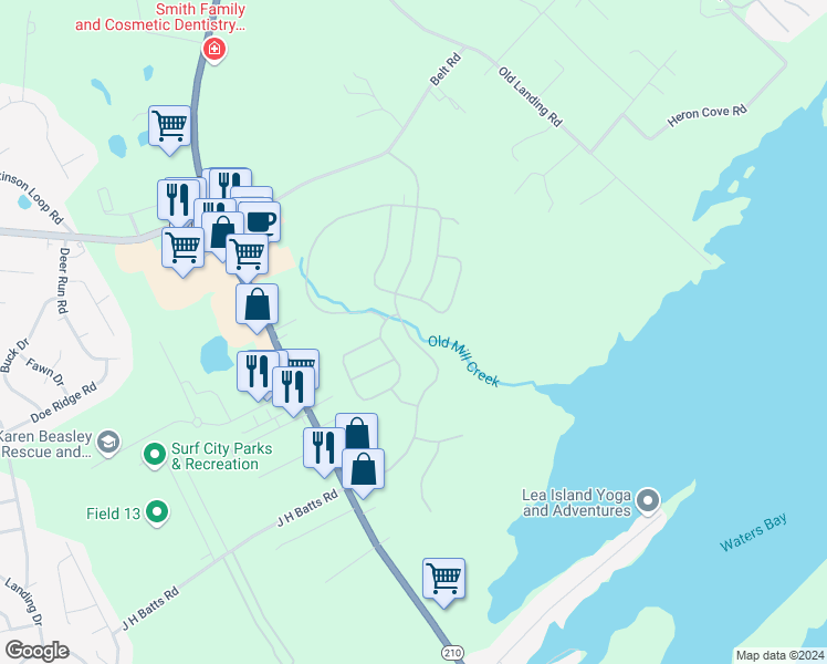 map of restaurants, bars, coffee shops, grocery stores, and more near 338 Edgewater Way in Surf City