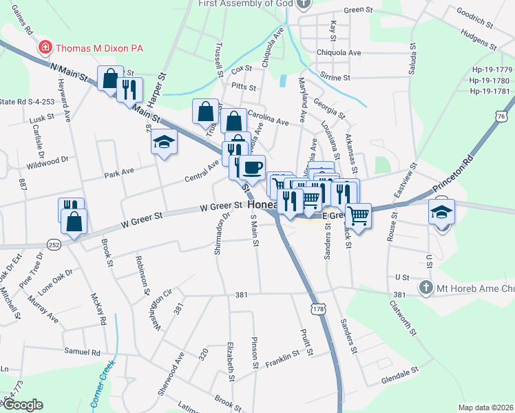 map of restaurants, bars, coffee shops, grocery stores, and more near 3 East Greer Street in Honea Path