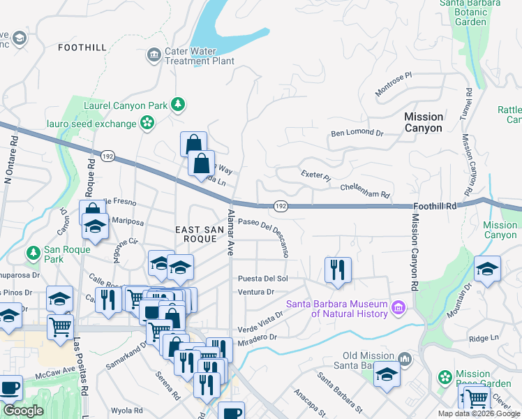 map of restaurants, bars, coffee shops, grocery stores, and more near 456 Paseo Del Descanso in Santa Barbara