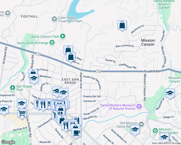 map of restaurants, bars, coffee shops, grocery stores, and more near 456 Paseo Del Descanso in Santa Barbara