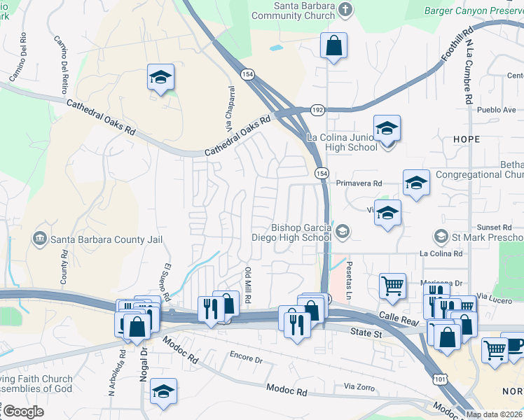 map of restaurants, bars, coffee shops, grocery stores, and more near 340 Old Mill Road in Santa Barbara