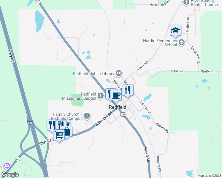 map of restaurants, bars, coffee shops, grocery stores, and more near 206 Northwest Railroad Street in Redfield