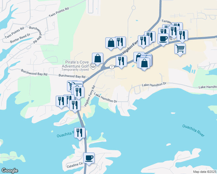 map of restaurants, bars, coffee shops, grocery stores, and more near 151 Lakepointe Cove in Hot Springs