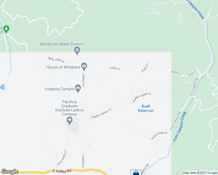 map of restaurants, bars, coffee shops, grocery stores, and more near 2886 Hidden Valley Lane in Santa Barbara