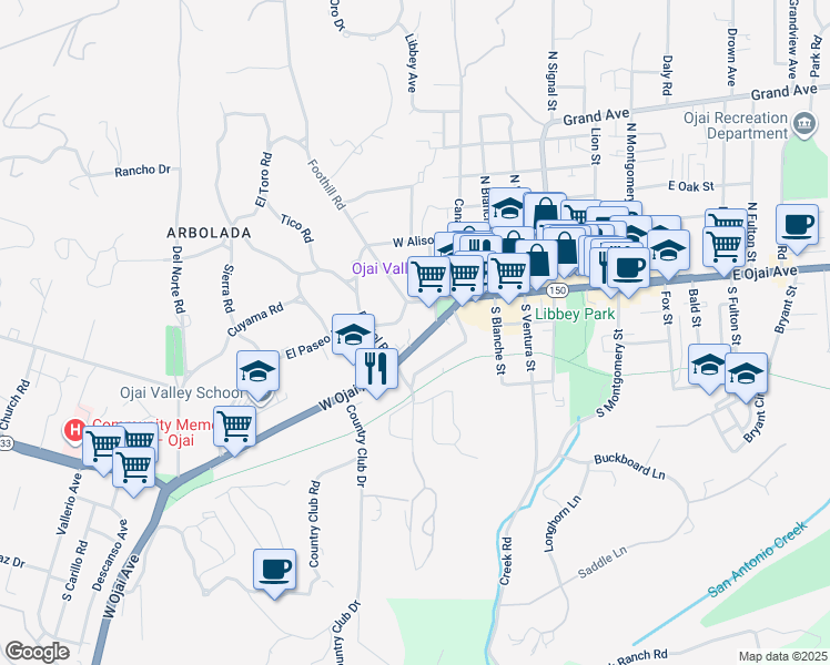 map of restaurants, bars, coffee shops, grocery stores, and more near 410 West Ojai Avenue in Ojai