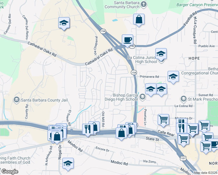 map of restaurants, bars, coffee shops, grocery stores, and more near 340 Old Mill Road in Santa Barbara