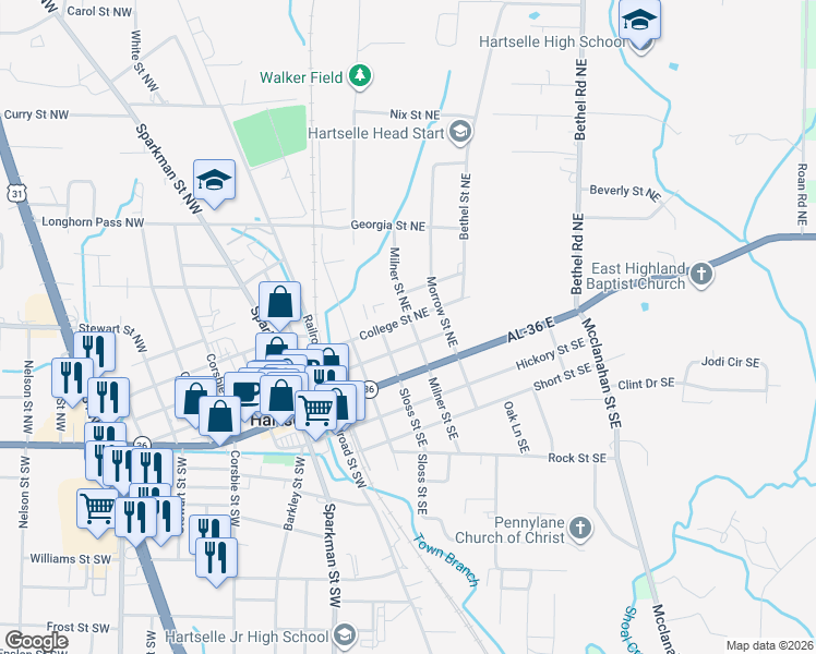 map of restaurants, bars, coffee shops, grocery stores, and more near 202 Sloss Street Southeast in Hartselle